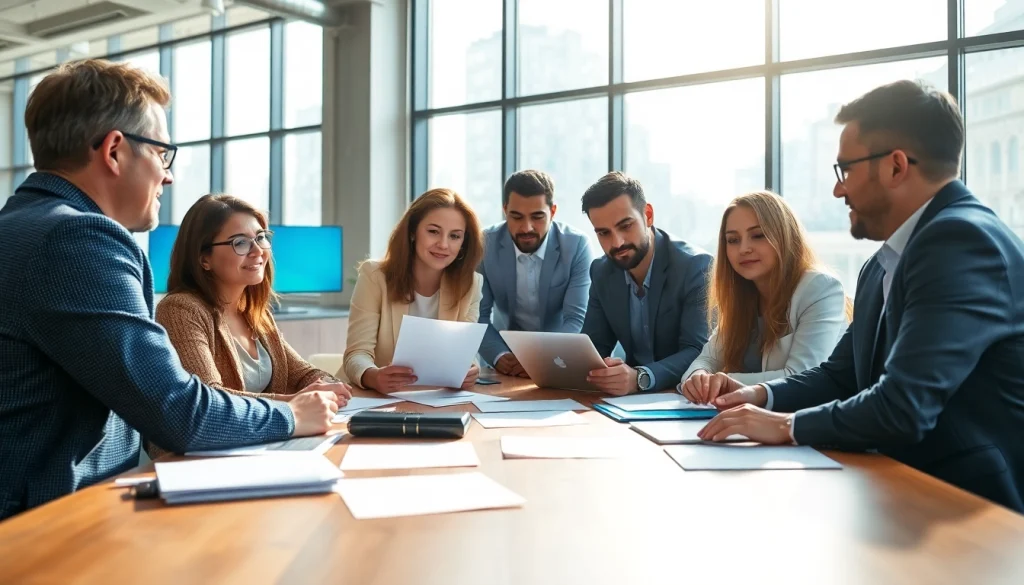 Collaborative business meeting at https://whatalker.com's modern office, showcasing team engagement.