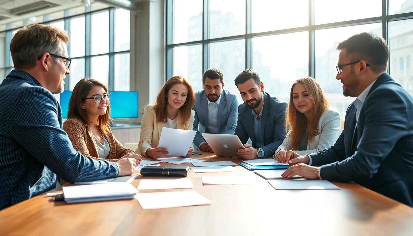 Collaborative business meeting at https://whatalker.com's modern office, showcasing team engagement.