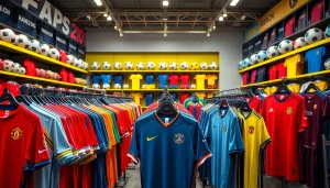 Shop for football kits featuring vibrant designs and quality materials in a dynamic sports store setting.