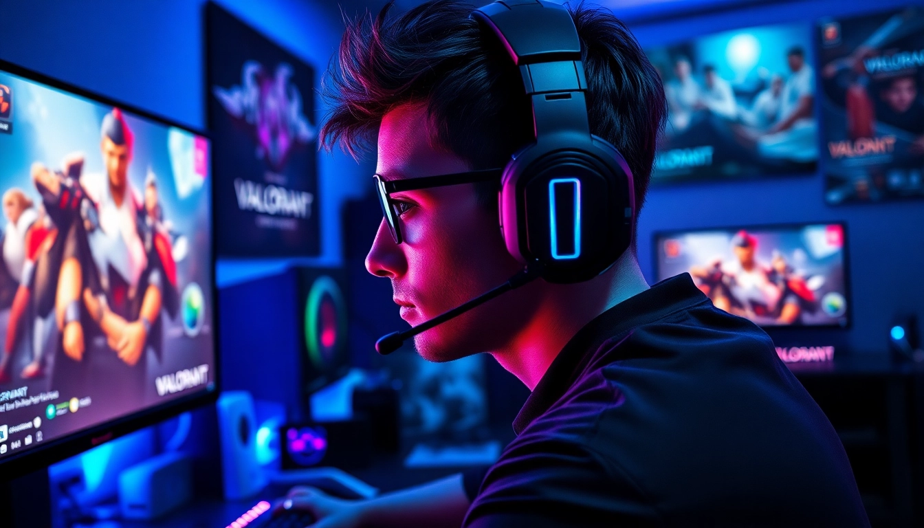 Experience the thrill of valorant download from an energetic gaming setup with multiple monitors.