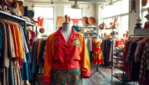Shop unique vintage clothing at https://thrift-vintage.com in a warm, inviting thrift shop atmosphere.