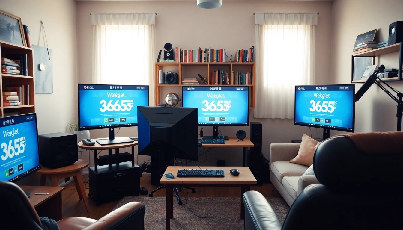 365티비주소를 표시하는 모니터가 있는 아늑한 홈 오피스의 스트리밍 설정.