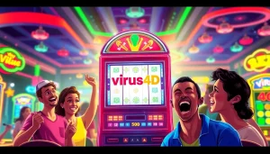 Mainkan virus4d slot dengan para pemain gembira di kasino yang cerah dan berwarna-warni.