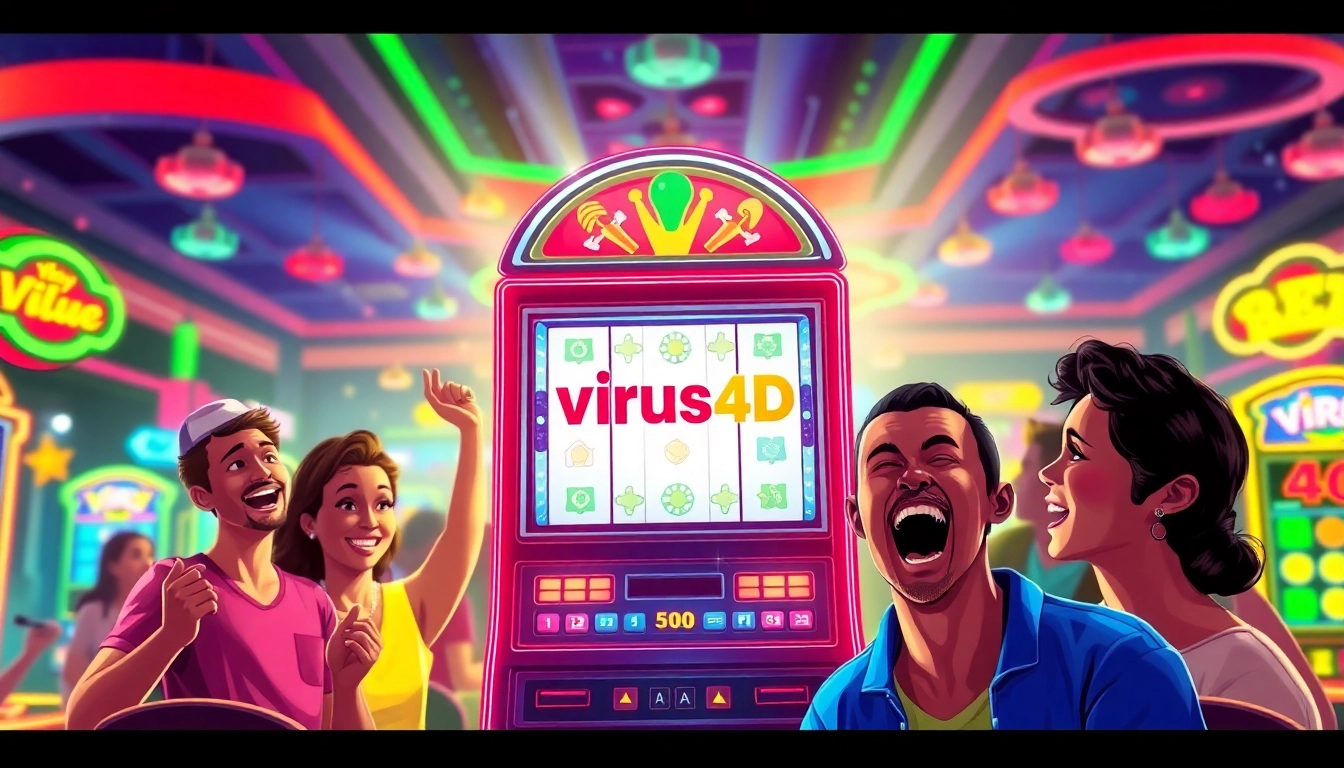 Mainkan virus4d slot dengan para pemain gembira di kasino yang cerah dan berwarna-warni.