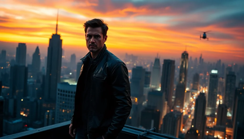 Action thriller scene featuring a hero overlooking a cityscape, emphasizing tension and adventure.