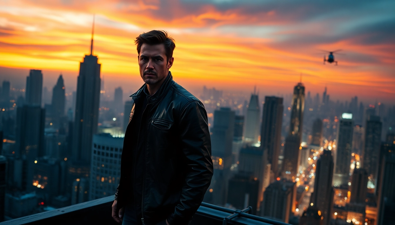 Action thriller scene featuring a hero overlooking a cityscape, emphasizing tension and adventure.