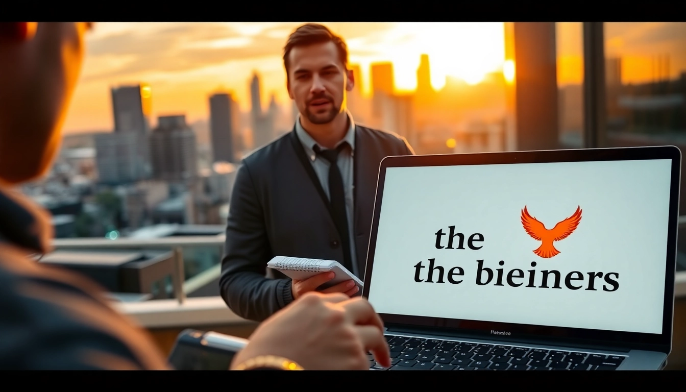 Engaging journalist showcasing thephoenixnewspaper in an urban setting with a dynamic city skyline.