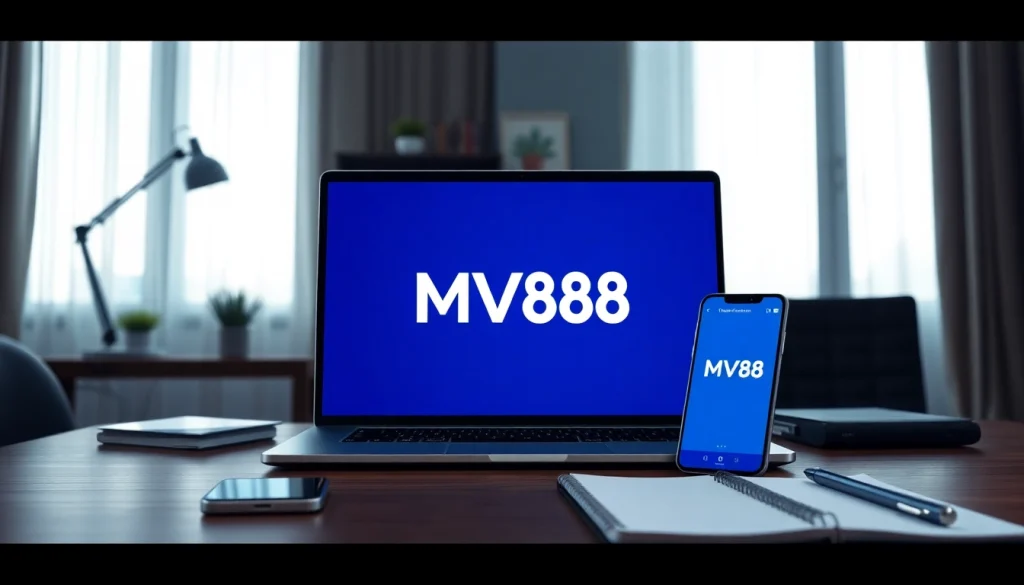 MV88 logo displayed in a modern home office setting, showcasing digital gaming platforms.