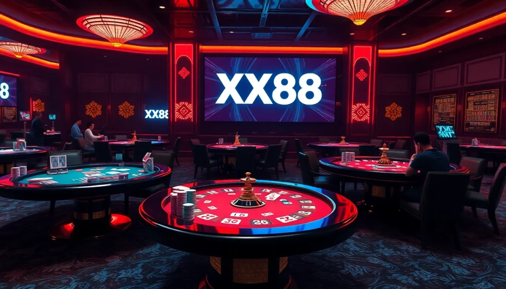 Intense poker game showcasing XX88 chips, cards, and winning strategies at a vibrant casino table.