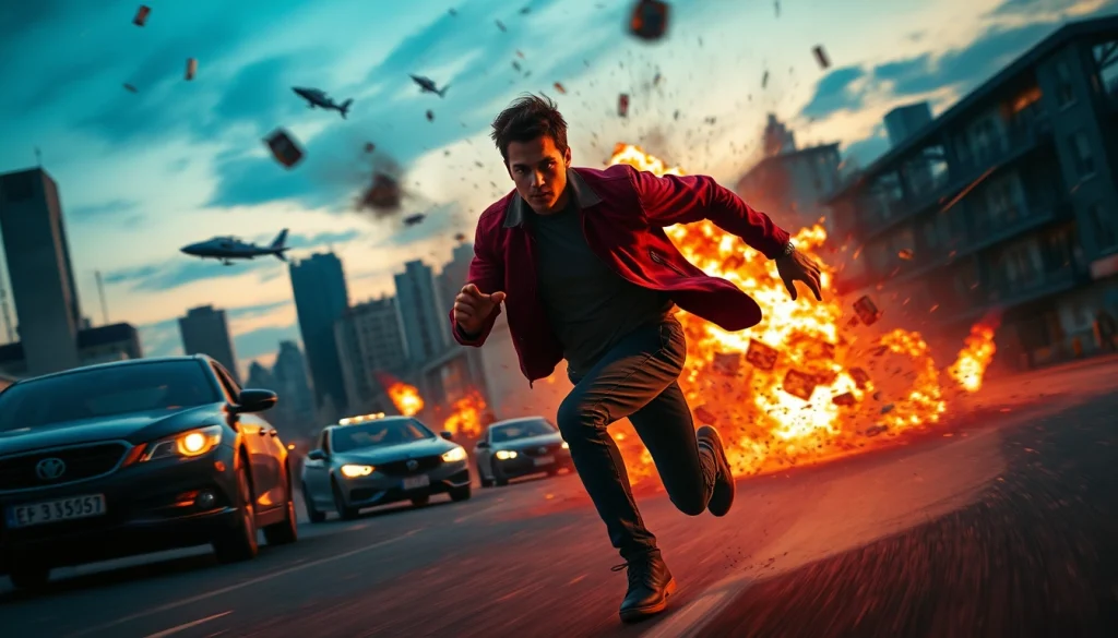 Experience the thrill of an action-packed thriller with a courageous hero in a tense urban chase.
