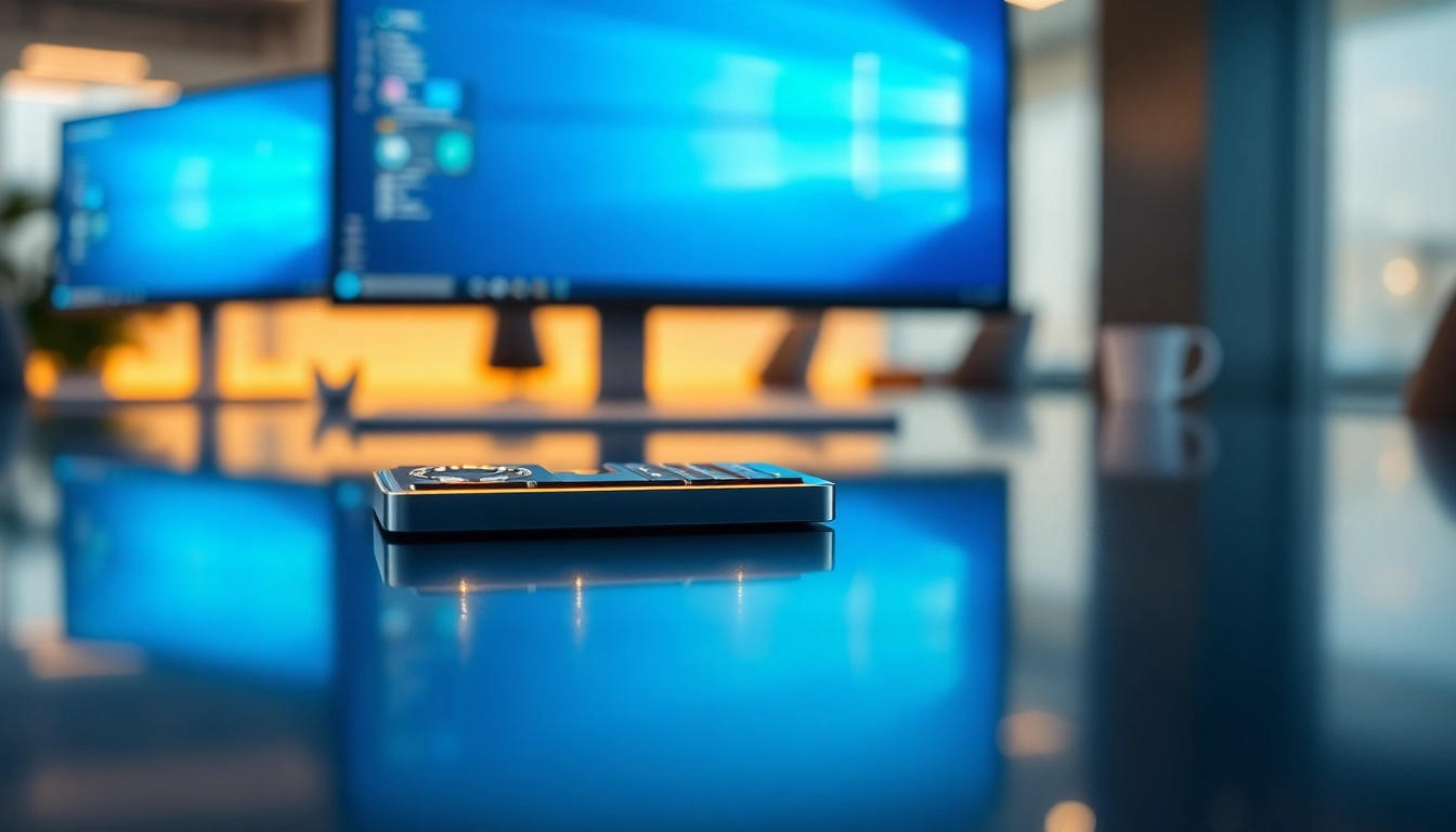 Showcase the Windows 11 Key with a sleek design and professional office backdrop.