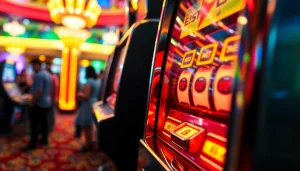 Bermain slot di mesin judi yang cerah dan menarik, dikelilingi oleh chip berwarna-warni.