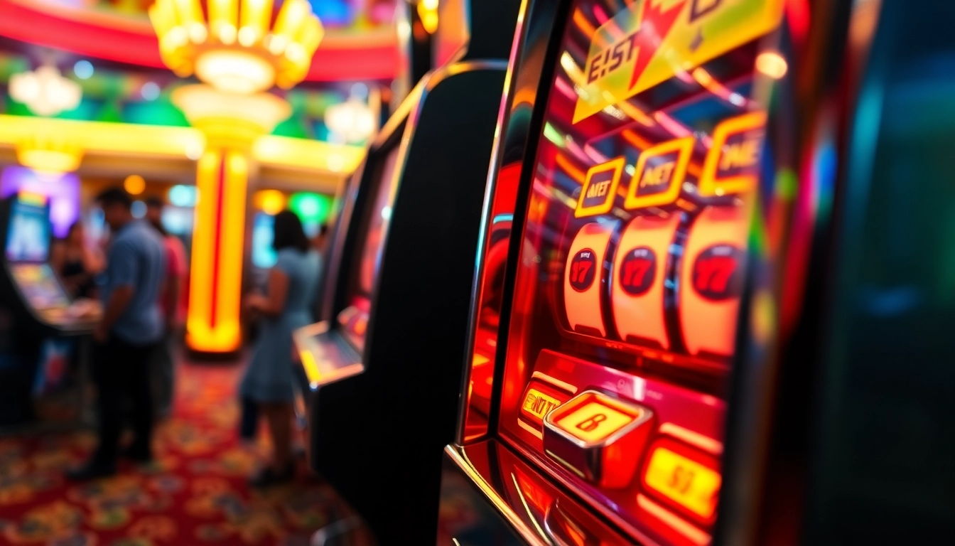 Bermain slot di mesin judi yang cerah dan menarik, dikelilingi oleh chip berwarna-warni.