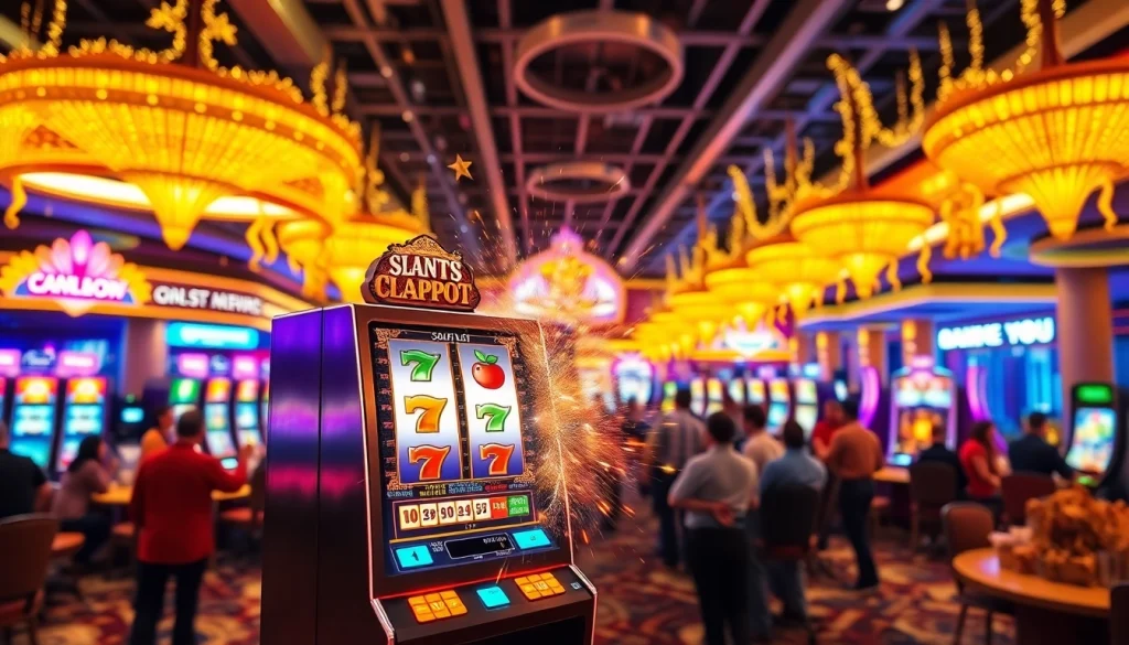 Menggairahkan suasana bermain slot gacor dengan pemain merayakan kemenangan di kasino.