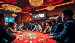 Players enjoying a tense poker game at a casino, showcasing mm88 sa com's thrilling betting environment.