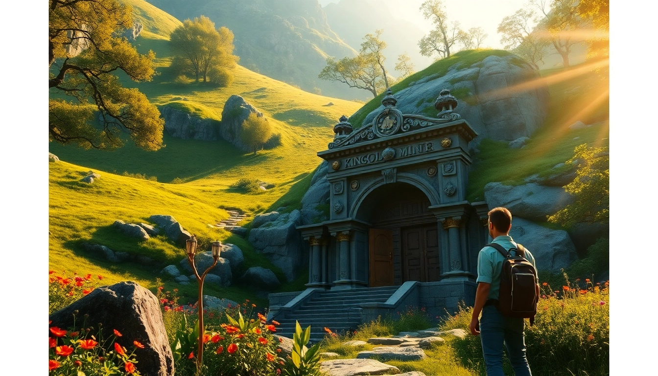 Adventurer gazing at the majestic entrance of King Solomon's Mine, surrounded by lush greenery.