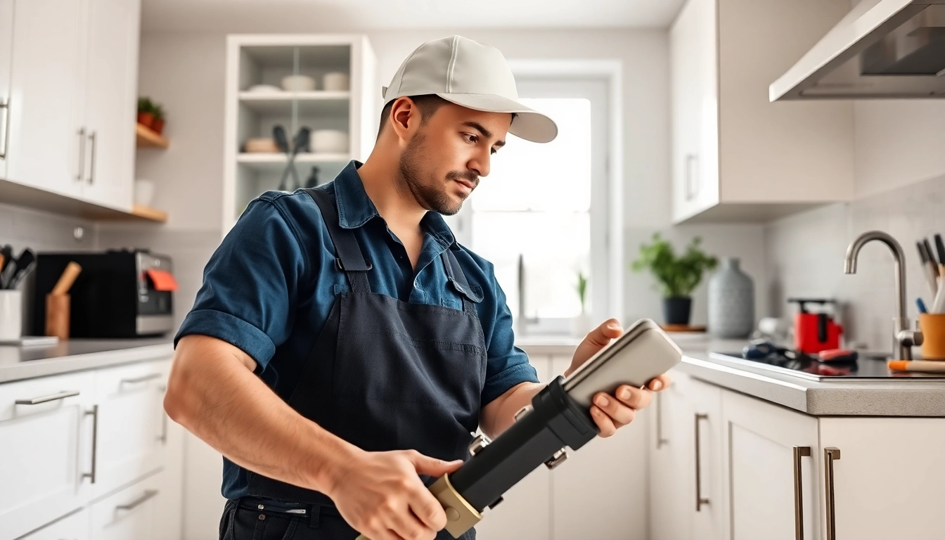 Fixing plumbing issues swiftly with https://speedyservicestoday.com.au in action at a modern kitchen.