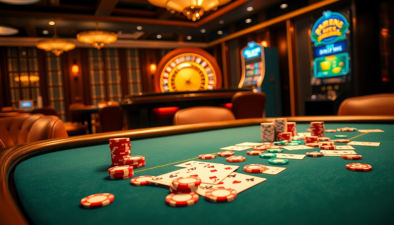 Experience the thrill of say88 with a vibrant casino scene filled with poker chips and playing cards.