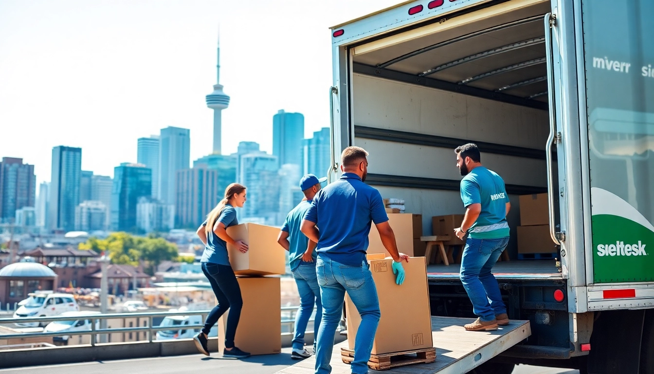 Movers Vancouver team loading a moving truck amidst the city skyline, showcasing professionalism and teamwork.