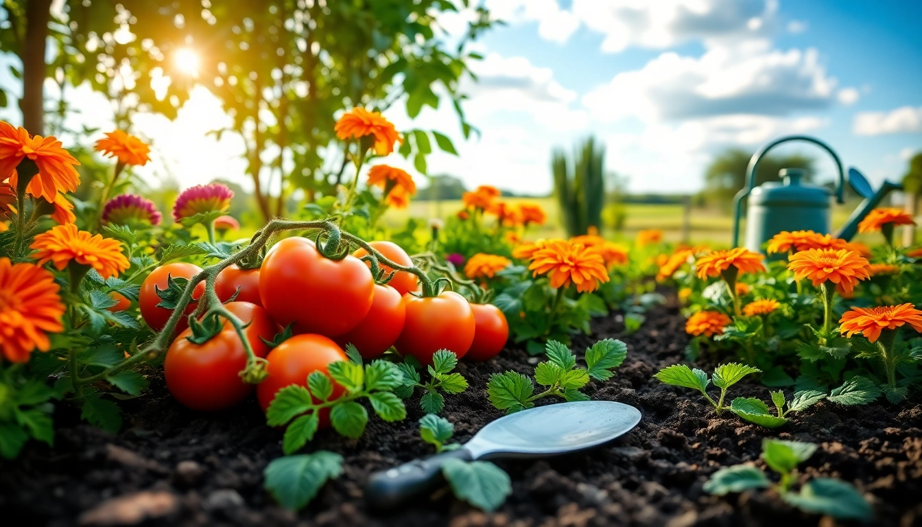 Gardening scene showcasing blooming flowers and healthy vegetables in a bright, inviting garden.