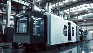 Large injection molding machine showcasing advanced technology in an industrial setting.