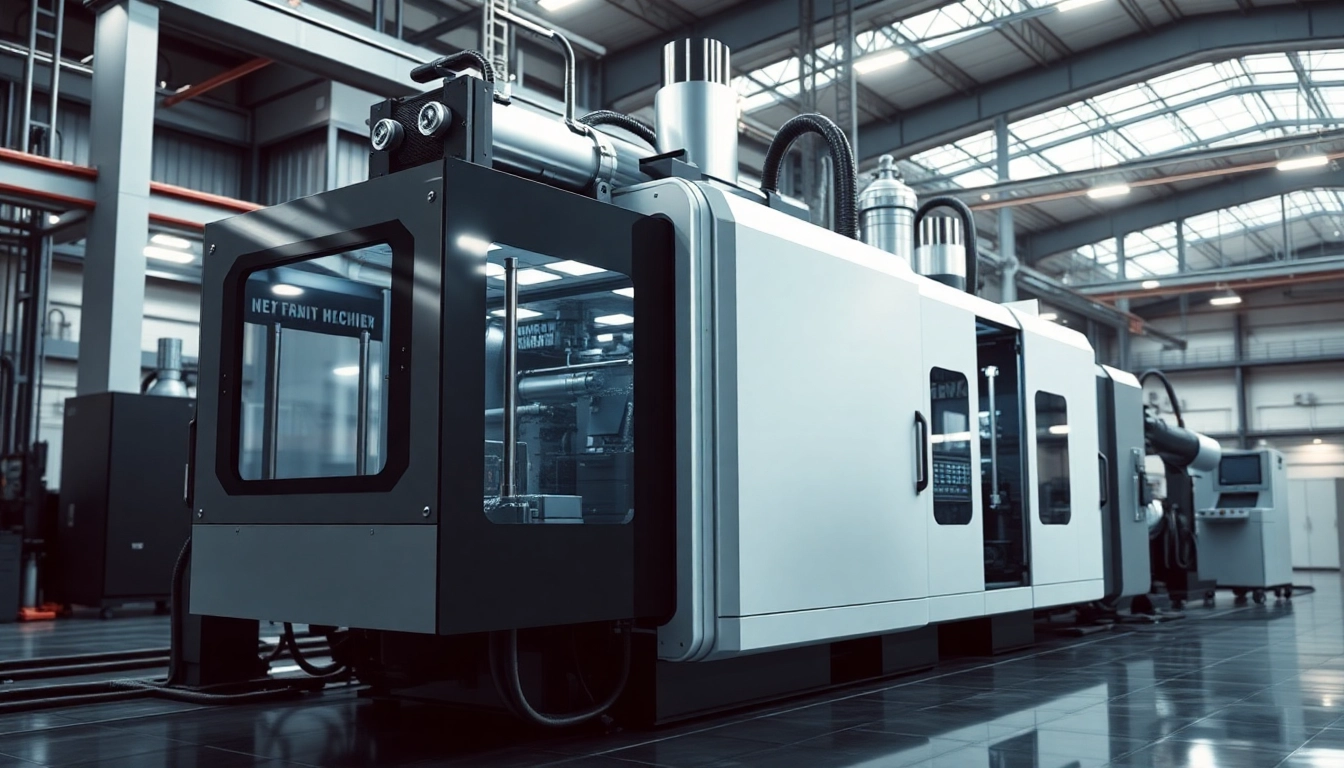 Large injection molding machine showcasing advanced technology in an industrial setting.