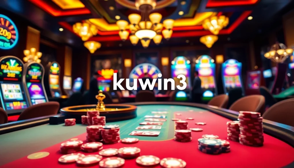 Experience thrilling gameplay at kuwin3's luxury casino with vibrant poker tables and jackpots.