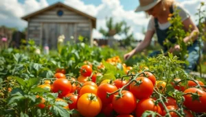 Gardening vegetables thriving in a vibrant garden with a gardener tending to them.