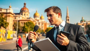 Ведення новин на https://sumytoday.in.ua в Сумах, репортер з мікрофоном у місті.