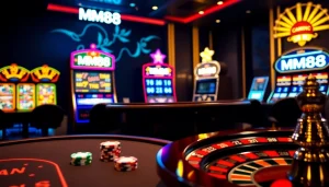 Experience the thrill of MM88 at a luxurious casino with vibrant slot machines and poker tables.