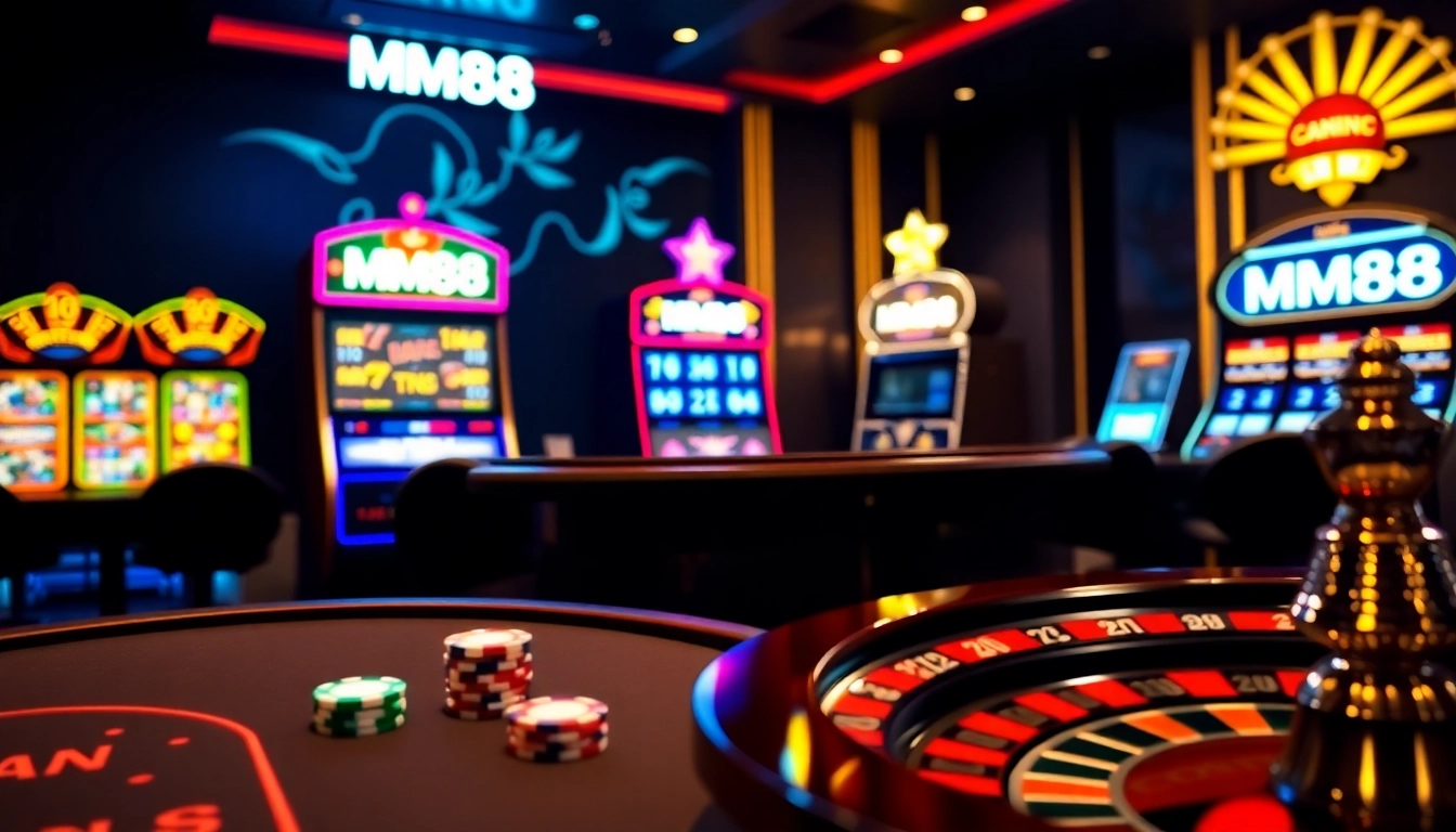 Experience the thrill of MM88 at a luxurious casino with vibrant slot machines and poker tables.