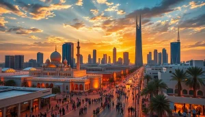 Abu Dhabi news today highlights a vibrant cityscape with iconic landmarks at sunset.