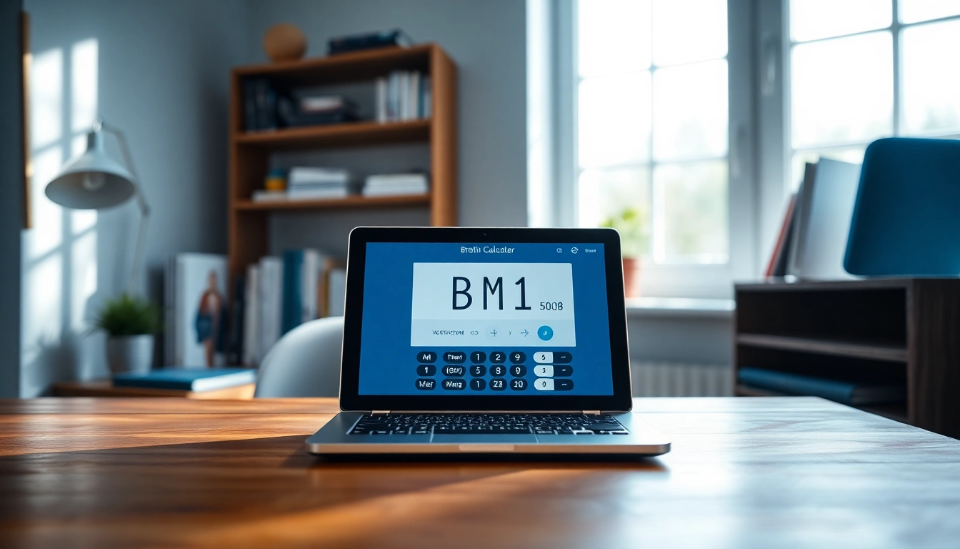 Interactive bmi calculator on a sleek device in a bright home office setting, encouraging healthy lifestyle.