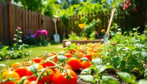 Gardening scene showcasing vibrant vegetables and colorful flowers in a sunlit backyard.