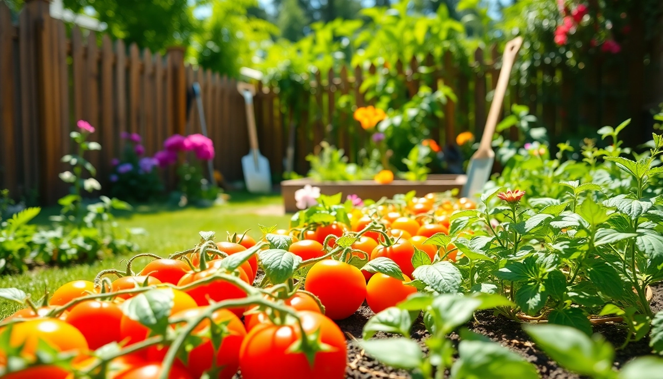 Gardening scene showcasing vibrant vegetables and colorful flowers in a sunlit backyard.