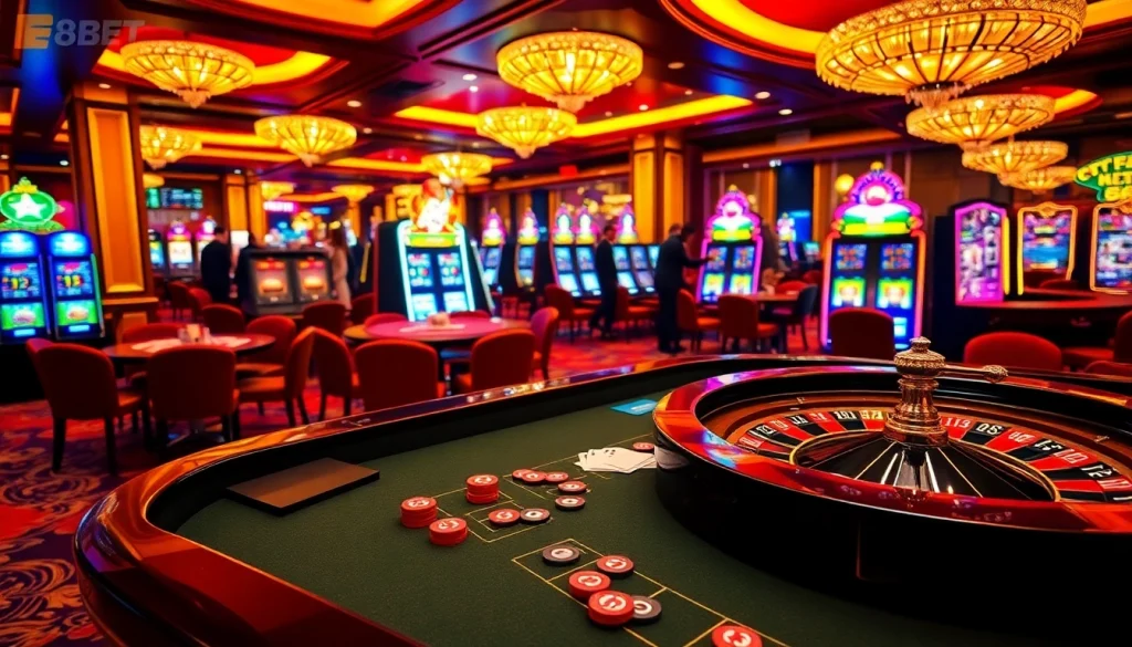 Engaging gamblers at F8BET casino with vibrant gaming tables and thrilling slot machines.