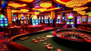 Engaging gamblers at F8BET casino with vibrant gaming tables and thrilling slot machines.