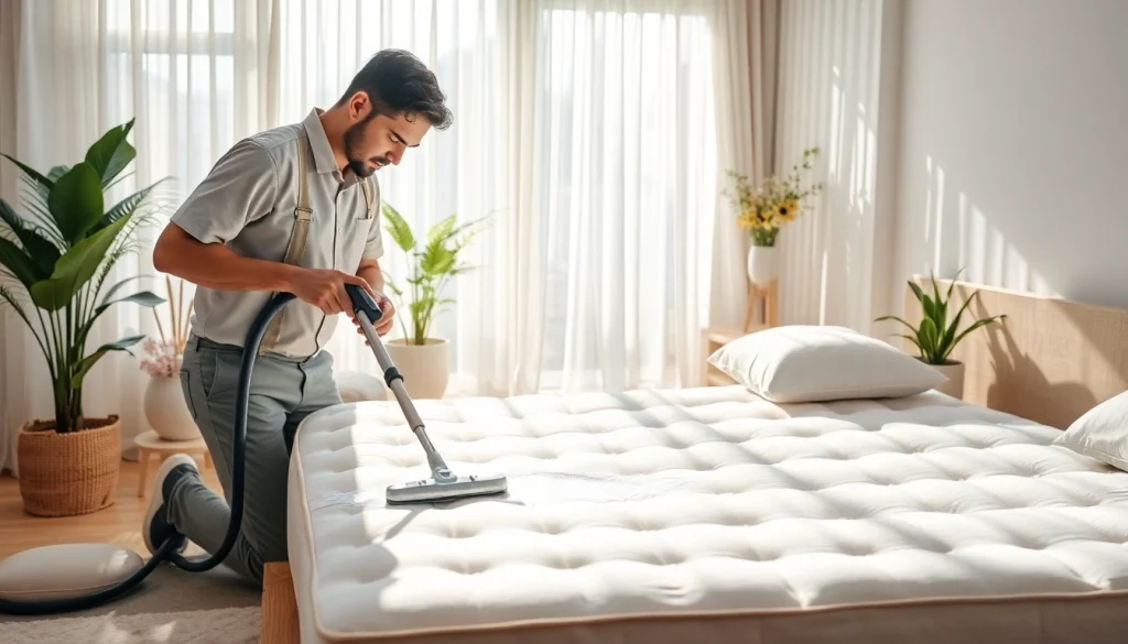 Efficient mattress cleaning Dubai service demonstrated by professionals in a bright bedroom.