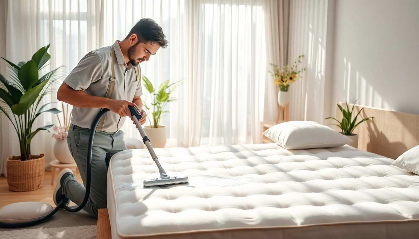 Efficient mattress cleaning Dubai service demonstrated by professionals in a bright bedroom.