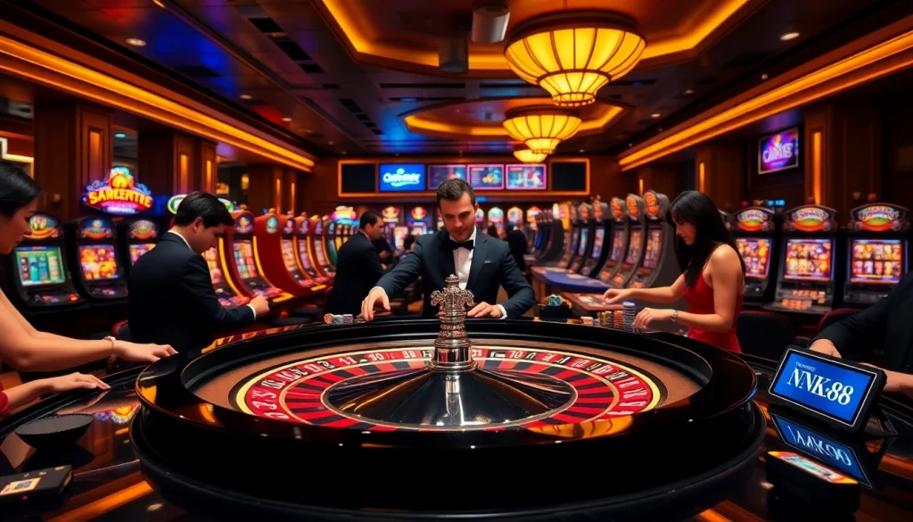 Players at a vibrant casino table happily engage in bets, highlighting the NK 88 game atmosphere.