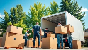 Calgary movers efficiently loading boxes onto a moving truck amidst a sunny residential area.