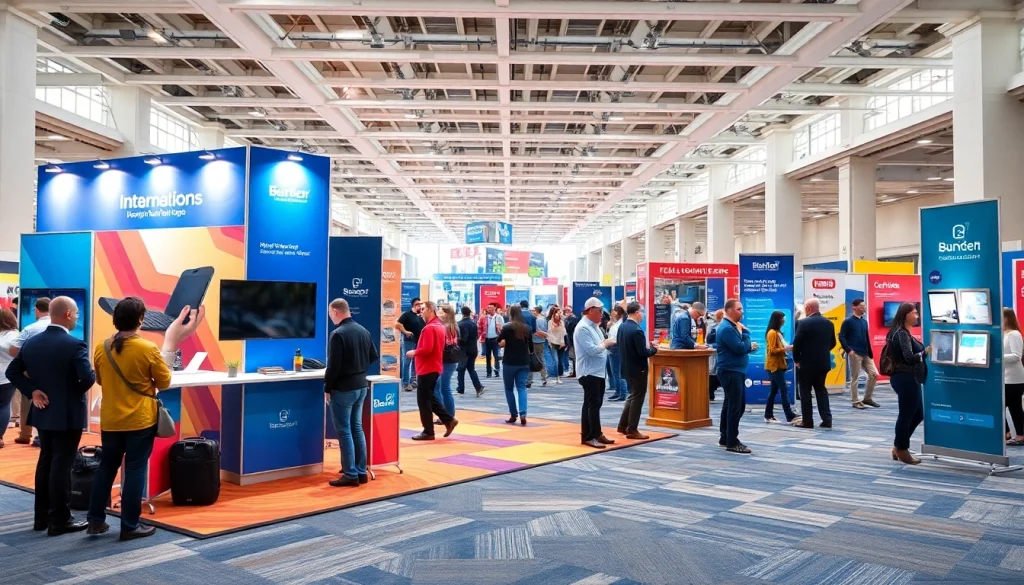 Engaging trade show displays with vibrant graphics attracting attendees at a convention center.