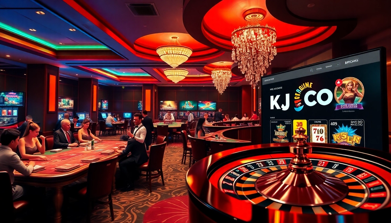 Experience high-stakes gambling at KJC.COM with poker tables and vibrant casino atmosphere.