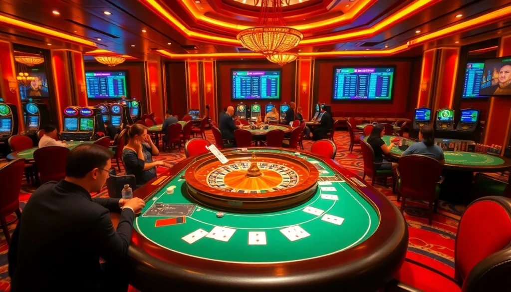 Players enjoying gambling at nhà cái k88win casino with exciting roulette tables and vibrant ambiance.