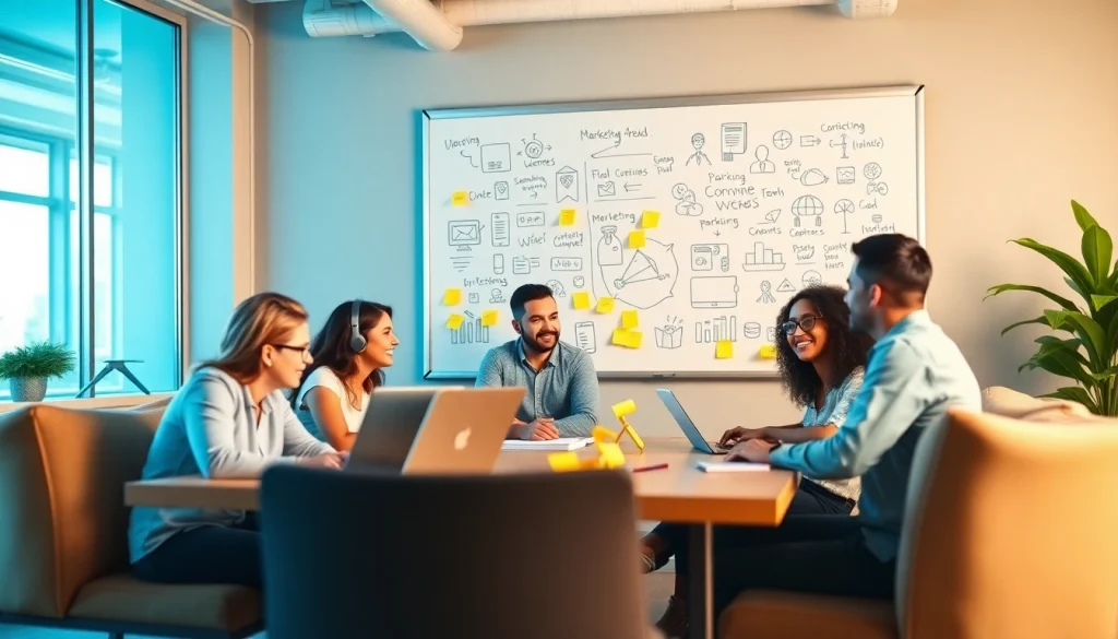 Engaging marketing team strategizing for https://boost-social-media.com in a vibrant office setting.