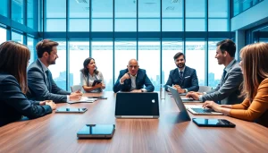 Engage in a vibrant business meeting with diverse professionals in a modern office.