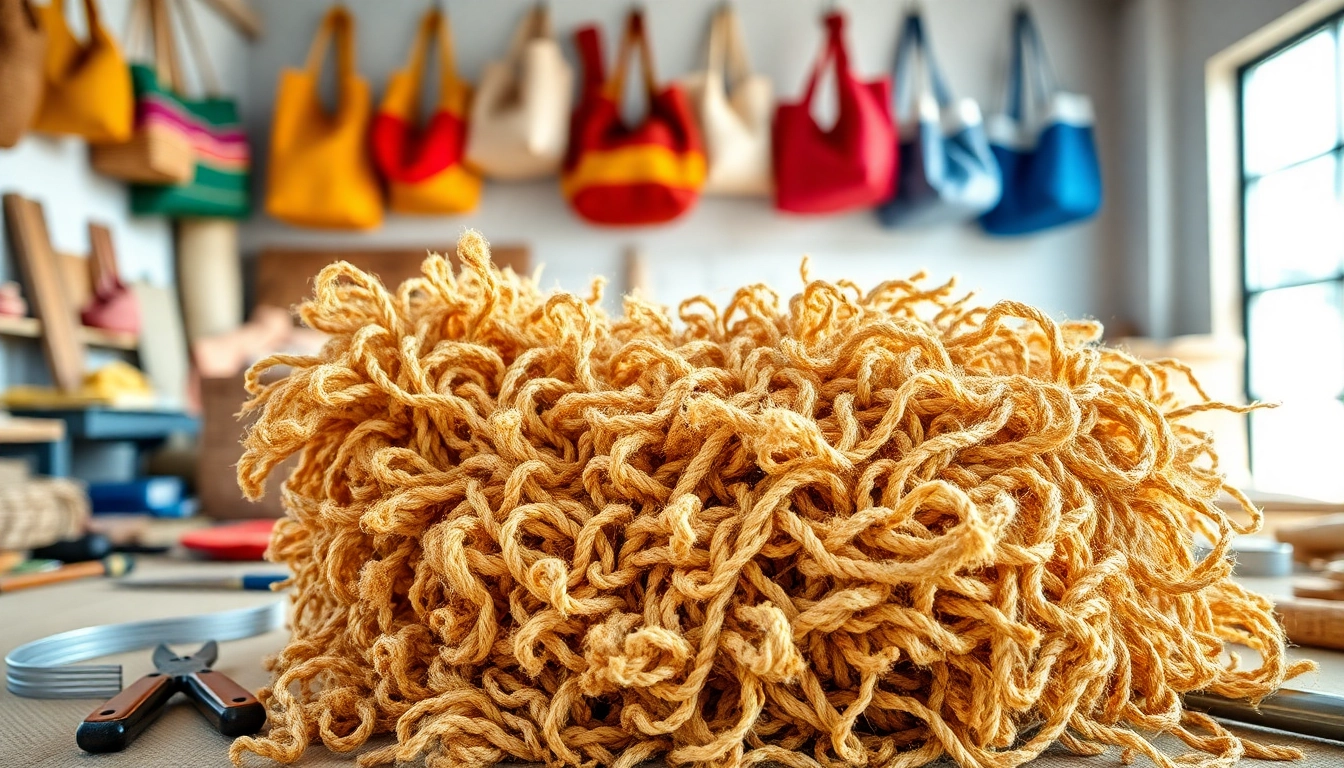 Jute vezels in een kleurrijke workshop voor jute producten