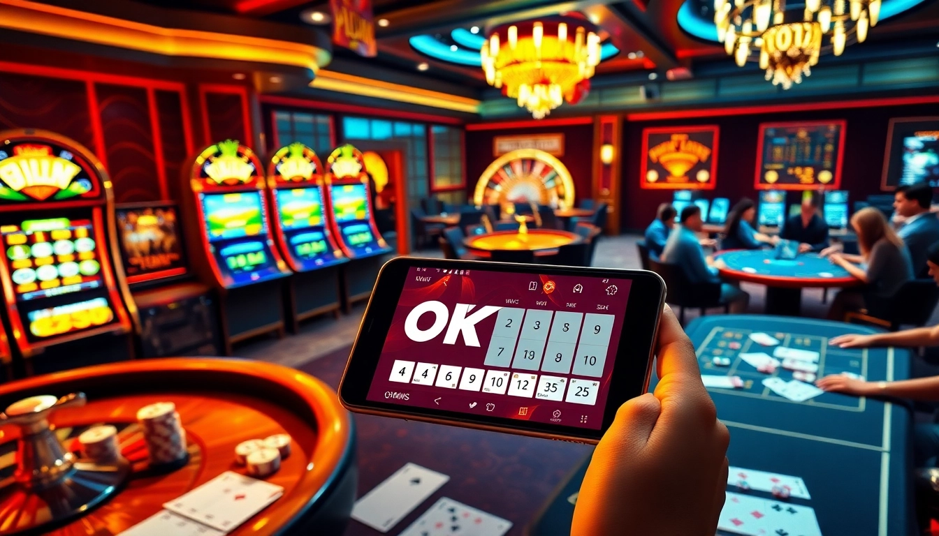 Engaging players at a casino table while showcasing the OKWIN app for seamless online gambling.