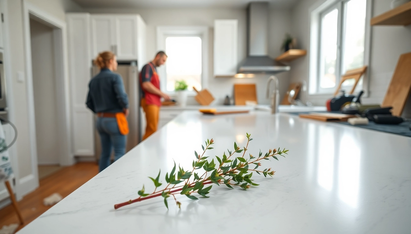 Home renovation professionals transforming a kitchen with modern cabinetry and tools.