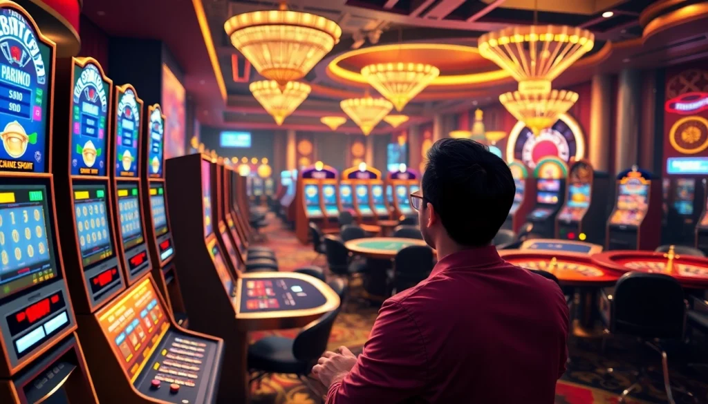 Engaging player experiencing best online casinos in Canada with vibrant slot machines and card tables.